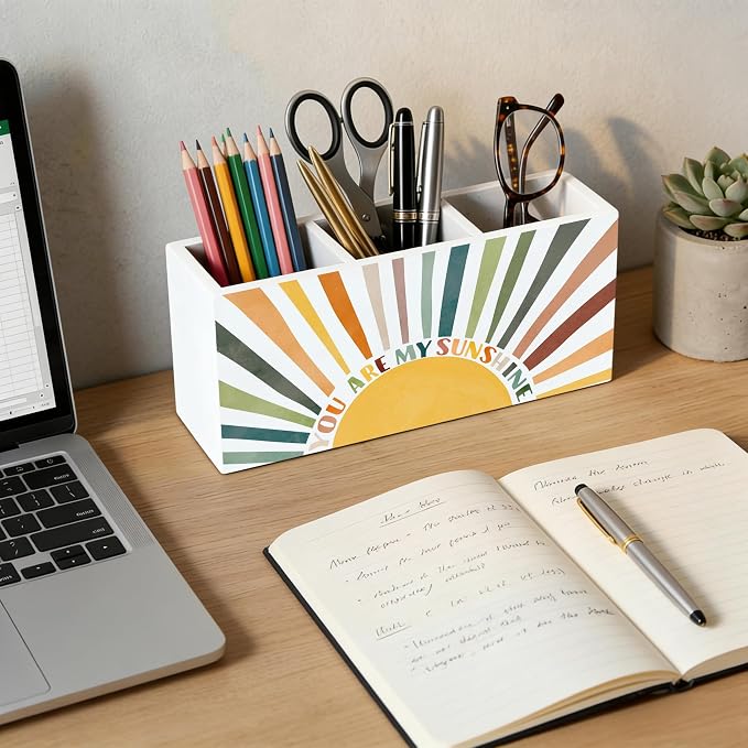Boho Sun Motivational Wooden Pen Holder for Desk, You Are My Sunshine Positive Affirmation Pencil Organizer Wooden Box Sign for Kids Room Classroom Home Office Decoration
