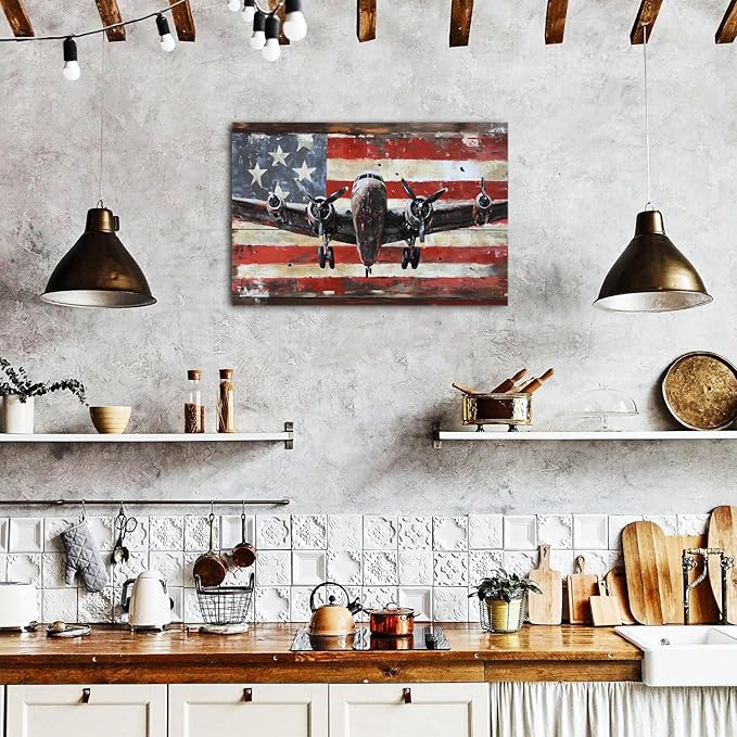 Airplane Wall Art Aviation Decor for Men Office Living Room Home Decorations Vintage Airplane Propeller Wall Decor Retro American Flag Poster Kids Boys Military Fighter Canvas Pictures Artwork 20x30"