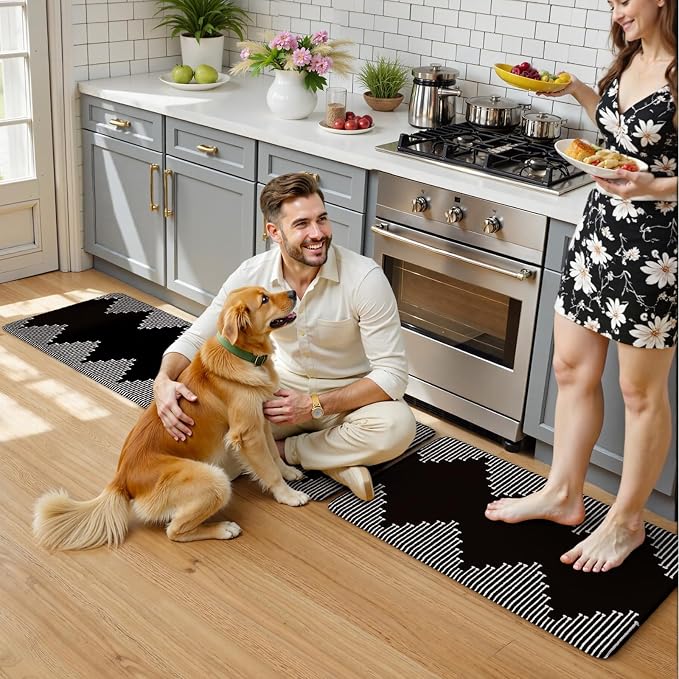 KIMODE Anti Fatigue Kitchen Mats,Black Boho Kitchen Rugs,Standing Desk Mats | Padded Kitchen Mat for Floor, Cushioned Kitchen Mats for Floor 2 Piece for Laundry Office Sink Dormitory RV 17"x47"+17"x29"
