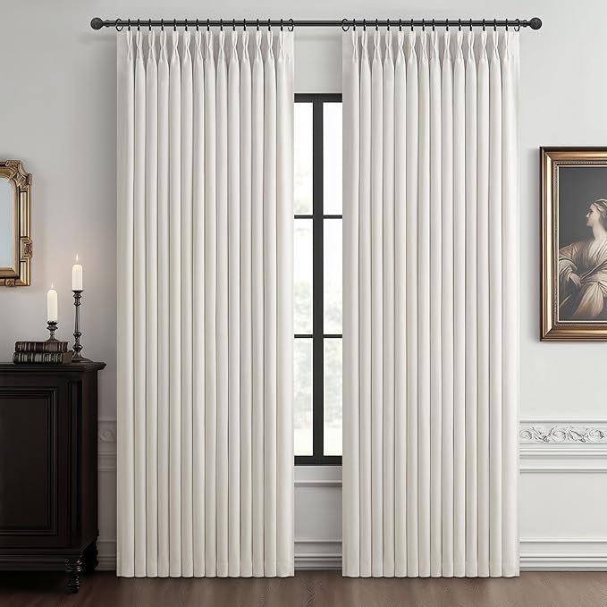 Custom Pinch Pleat Flax Linen 86 Inch Nursery Blackout Curtains 2 Panels Set, Neutral Beige White Room Darkening Thermal Double Layer Thick Drapes with Hooks Rings Curtain 86 Inches Long for Kids Room