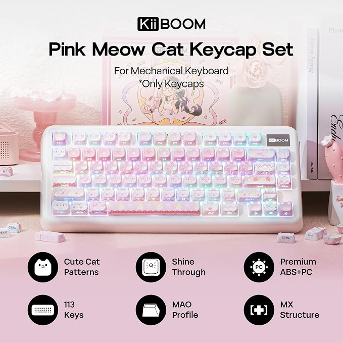 KiiBOOM Cute Cat Keycaps Set, Mao Profile, PC+ABS Keycap for MX Switches Mechanical Keyboard, Compatible with 60%, 65%, 75%, TKL, 96%, Full-Sized Layout (Pink Meow)