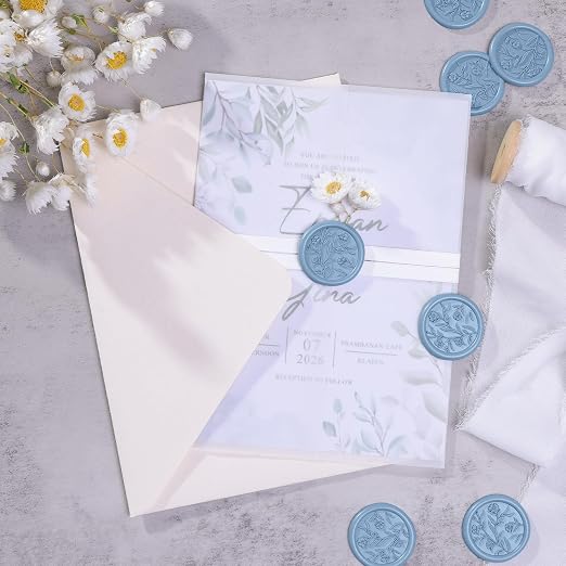 UNIQOOO Wax Seal Stickers - 3D Floral Wedding Invitation Envelope Seal Sticker, 50 Pcs Self- Adhesive Flower Dusty Blue Stickers, Perfect for Invitation, Christmas, Gift Wrapping