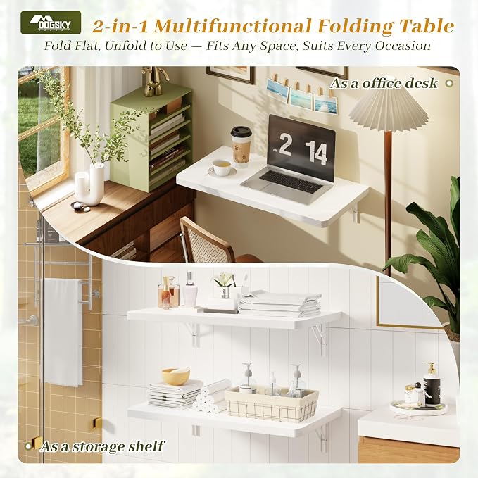 Dogsky Floating Wall Desk, 24" x 14" Wall Mounted Folding Table, Pine Wood Fold Down Wall Table, 100 lb Capacity Wall Mount Desk for Small Apartment, Laundry Room,Kitchen,Bar & Computer Use, White