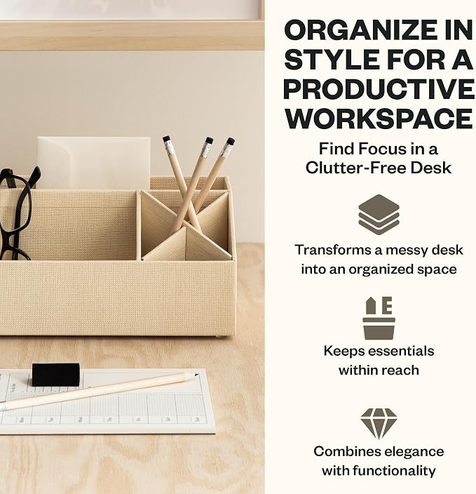 Bigso Elisa Desktop Organizer - Durable Office Desk Organizer with 7 Compartments for Office Supplies - Desk Caddy for Customizable Organization - 13in x 4.9in x 4.9in - Cream