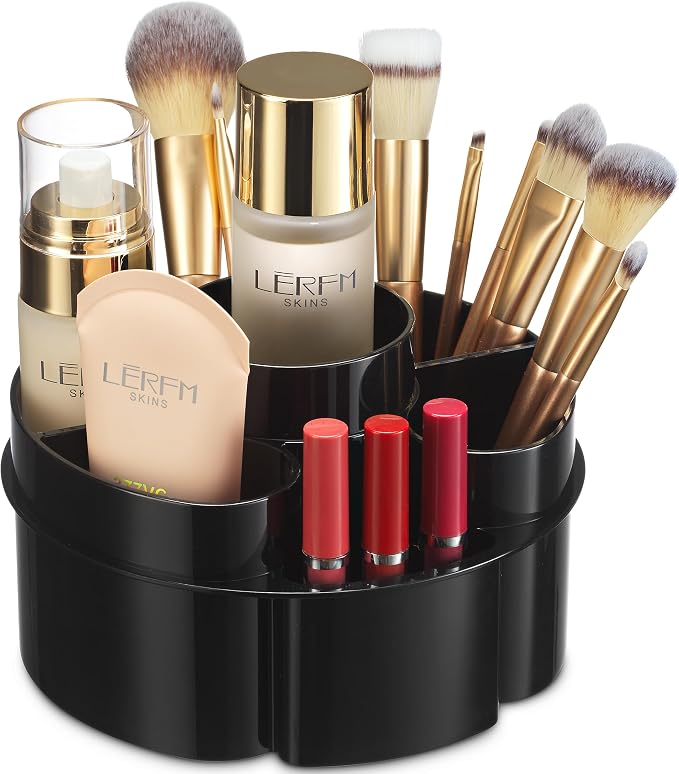 Masirs Small 360 Rotating Makeup Organizer, 5 Compartments, Round Black | Small 360 Rotating Makeup Organizer, 5 Compartments, Acrylic Mini Lazy Susan, Vanity Bathroom Counter, Round Black