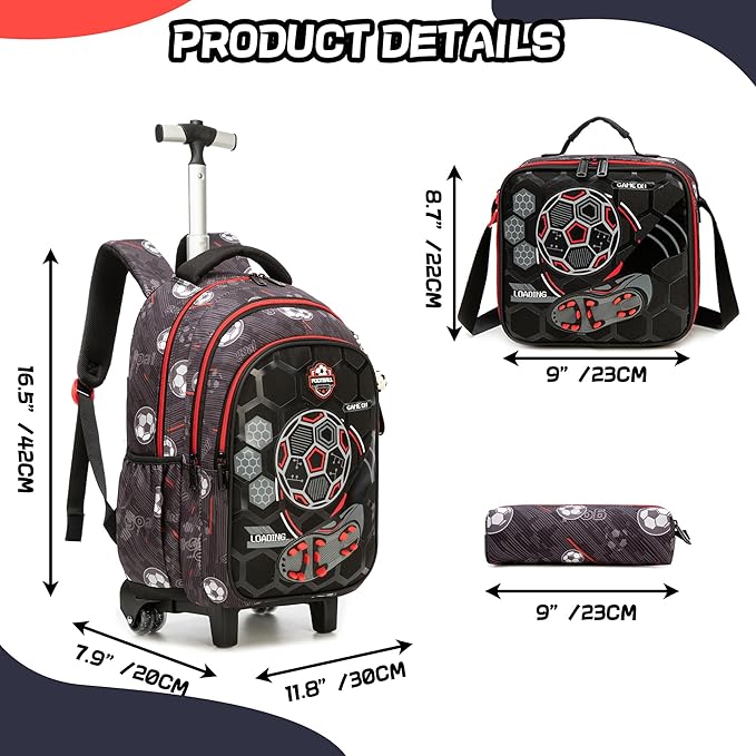Rolling Backpack for Boys School Backpack with Wheels for Kids Roller Backpacks for Kids Backpacks with Lunch Box Pencil Case for Elementary Back to School Supplies