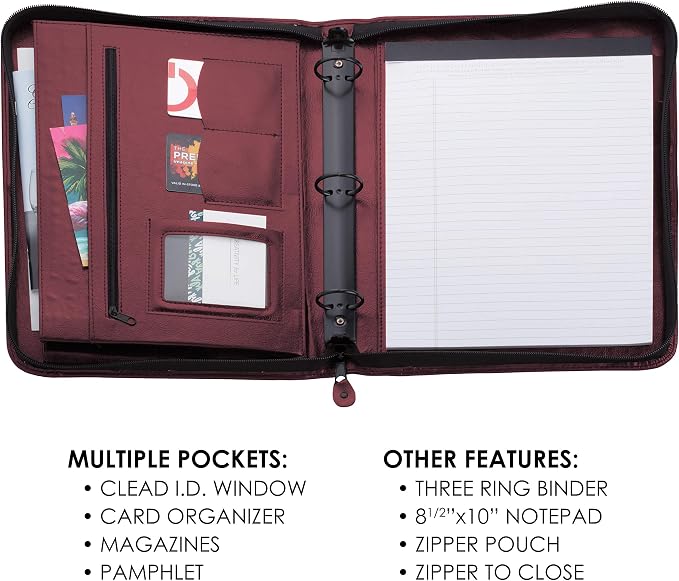 Travigo 3-Ring Portfolio Binder with Zipper | 1.25" Faux Leather Padfolio Binder for Women & Men | Professional Business Portfolio Folder with Writing Pad, Gusseted File Pocket, ID Window (Burgundy)