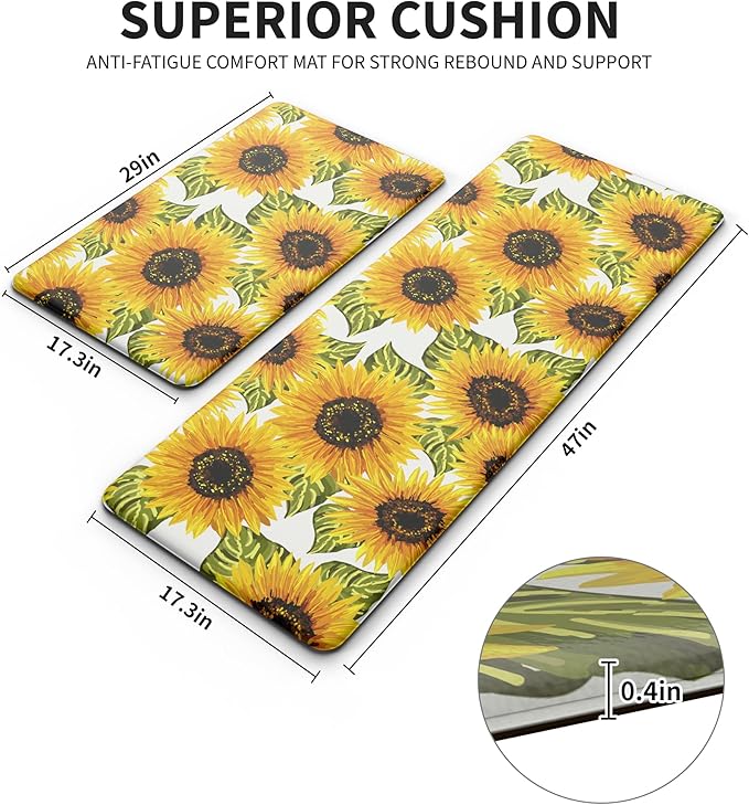 MAYHMYO Sunflower Kitchen Decor Mat Set, 2PC Kitchen Mats, Anti Fatigue | Sunflower Pattern,Yellow docor,Cushioned comfort,Non-slip backing,Easy to clean,Water-resistant,Kitchen,Laundry