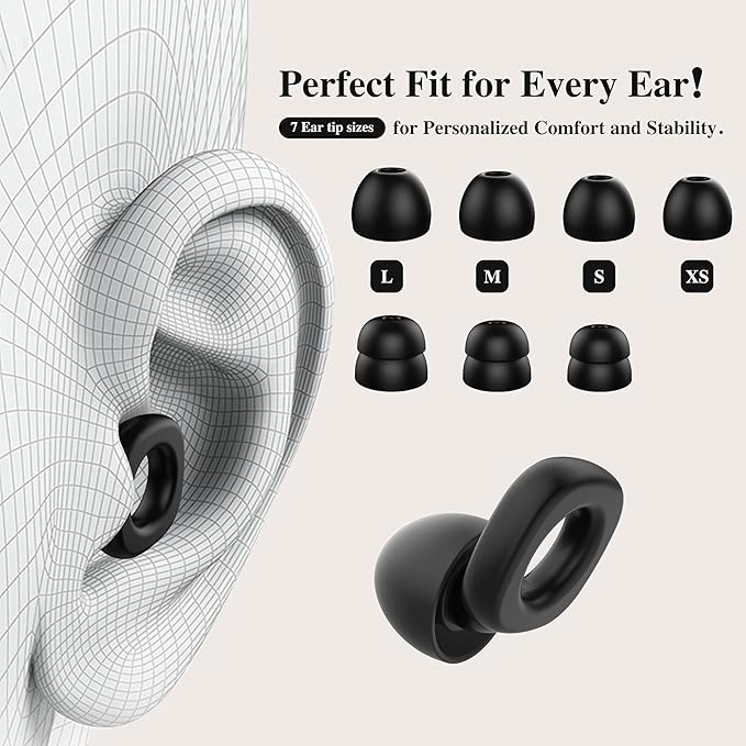 Fita+ Soft Ear Plugs for Sleeping, 7 Pairs XS/S/M/L, Reusable Noise Reduction Ear Plugs up to 33dB, Noise Cancelling for Work, Focus, Sleep - Black