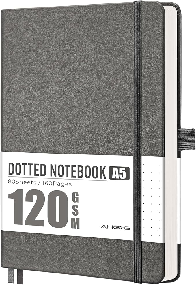 AHGXG Dotted Journal Notebook, 160 Numbered Pages, A5 Medium Size (5.7'' x 8.3''), 120 GSM Thick Paper, Leather Hardcover, for Journaling, Planning, Tracking (Gray)