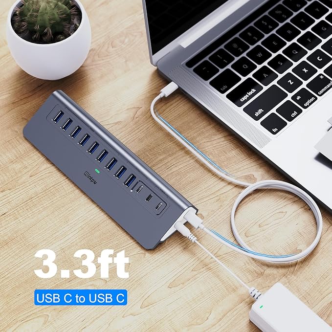 YH9AC Powered USB Hub 10Gbps, intpw 12-Port USB Splitter with USB A/USB C 3.2, 4 USB 3.0, 2 PD 45W Charging Ports, 65W Power Adapter + 3.3FT Cable, Aluminum USB Extender Hub for Laptop/PC/iPhone 16/15