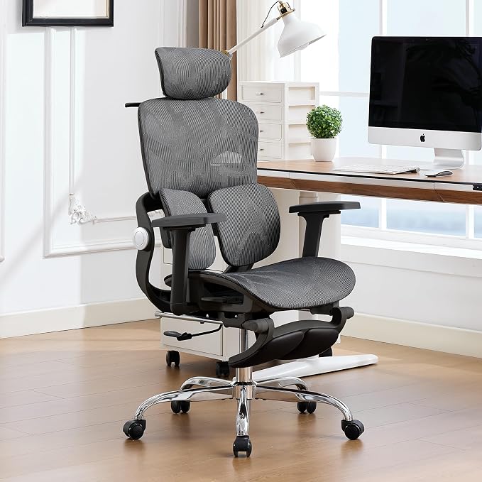 Ergonomic Mesh Office Chair with 2-Zone Lumbar Support and Footrest,Black | Big and Tall, 400LBS, Adjustable Seat Depth, 4D Headrest, 4D Armrests Swivel Executive Chair for Home Office