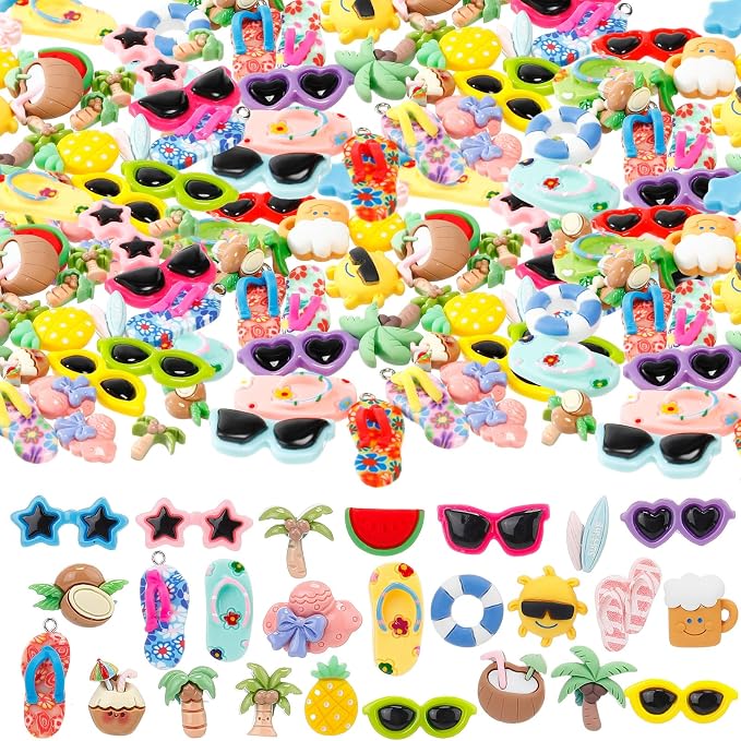 Giegxin 40 Pcs Summer Resin Charm Hawaii Beach Coconut Flamingo Plumeria Flower Flatback Cabochon Accessories Cute Embellishments Bulk for Jewelry Cellphone Case Scrapbooking DIY(Summer)
