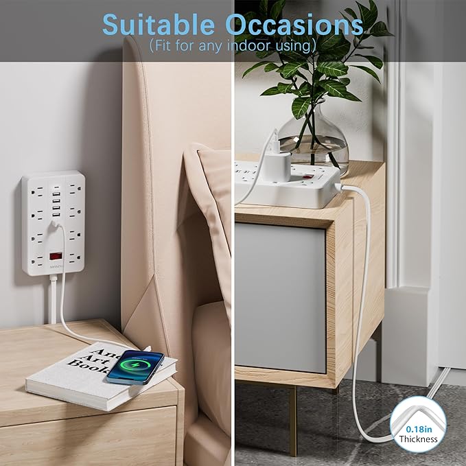 Extension Cord Power Strip 15 Ft, HUNIAN Flat Plug with 8 Widely Spaced Outlets 6 USB (1 USB C Port), Wall Mount Charging Station for Home and Office