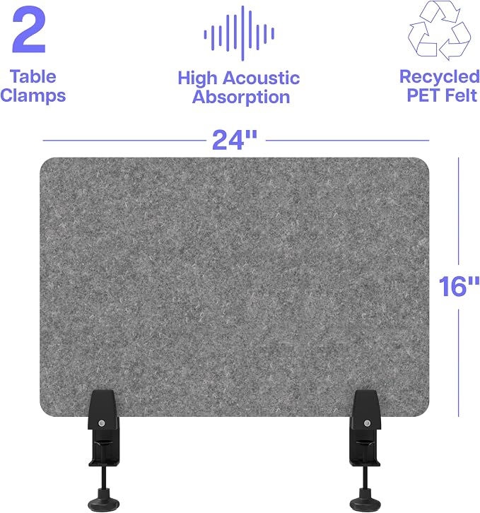 ReFocus Raw Clamp-On Acoustic Desk Divider, Noise-Reducing PET Privacy Panel for Offices, Sound-Dampening Desk Partition for Focused Work, Easy Installation Workspace Divider (24" × 16", Castle Gray)