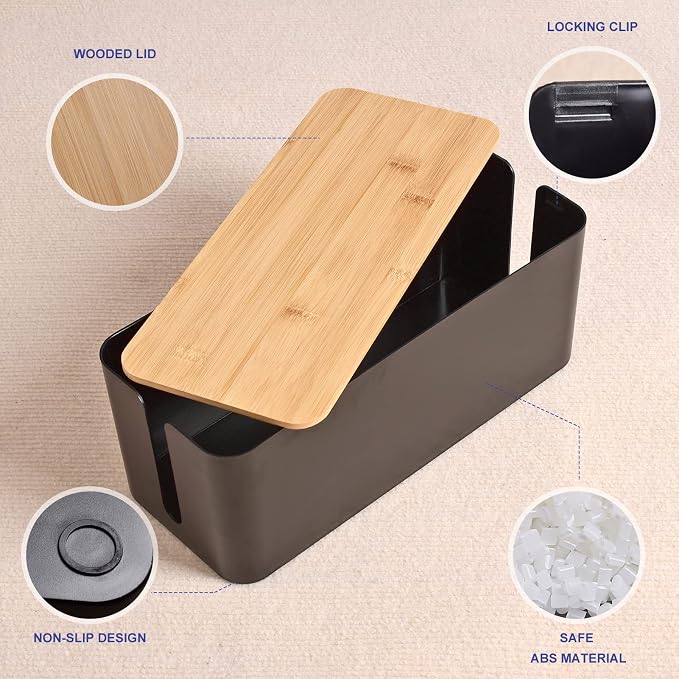 Cable Management Box - Wooden Style Large Cord Organizer to Hide Wires & Power Strips | Desk Computer Cable Organizer | Safe ABS Material | 16" (L) x 6.2" (W) 5.3" (H) | for Home & Office - Black