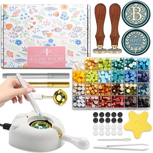 Flower Initial Alphabet B & Eucalyptus Wax Seal Stamp Kit with 2 Brass Head Electric Wax Seal Warmer & 600 Sealing Beads Ideal for Wedding Invitations Gift Wrapping Christmas (Floral B Kit)