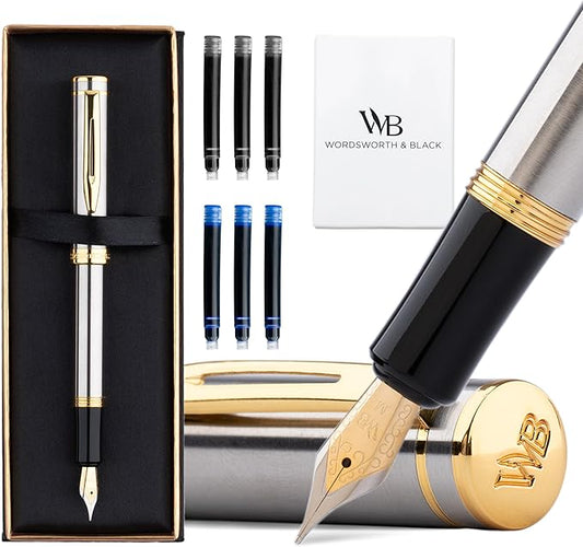Wordsworth and Black Fountain Pen Mini EDC: Luxury Silver Heavy Pocket Pen, Gold Finish, Medium Nib, 6 Ink Cartridges, Ink Converter, Travel Refillable Writing Pen Gift Set, Men & Women