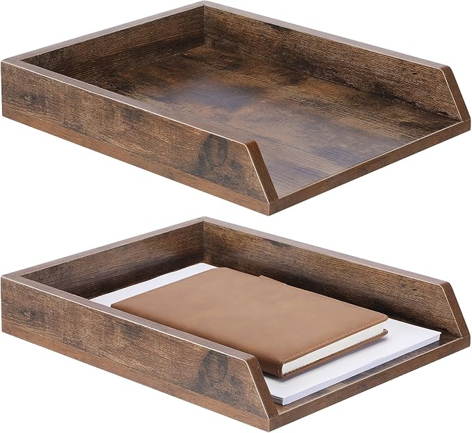 DoubleFill 2 Pcs Wooden Letter Trays 2 Tier Desktop Paper Organizer Wood Letter-Size Desk Document Tray Heavy Duty Stackable Paper Drawer Holder File Folder Back to School Office Home (Dark Wood)