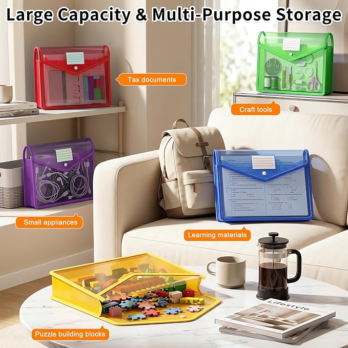 Plastic Expanding File Folder, Transparent Envelopes with Snap Closure | 10 Pack, No Dividers, Large Capacity, Assorted Colors, Fits Letter / A4 Size
