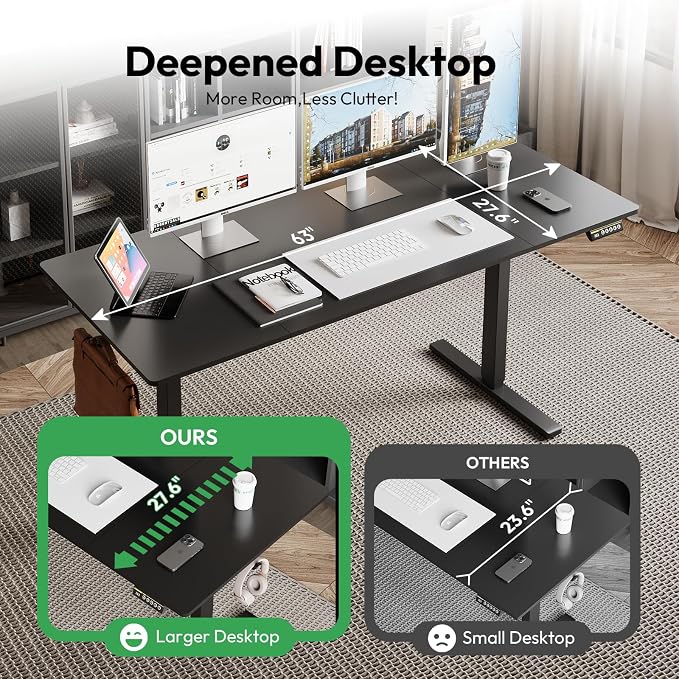 Large Electric Standing Desk,63x28 Inches Adjustable Height Stand up Desk, Sit Stand Home Office Desk, 3 Preset Heights,Equipped with Hooks,Ergonomic Computer Desk Workstation，Black