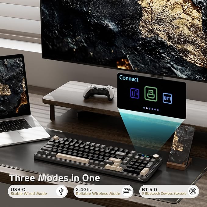 RK ROYAL KLUDGE S98 Mechanical Keyboard w/Smart Display & Knob, 96% RGB Wireless Gaming Keyboard BT/2.4G/USB-C, Hot Swappable Custom Keyboards, Software Support, Silent Computer Gaming Keyboard