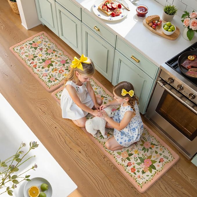 KIMODE Anti Fatigue Kitchen Mats, Padded Kitchen Floor Mats 17"x47"+17"x29" | Farmhouse Kitchen Rugs Sets of 2, Pink Rugs for Kitchen Floor, Cushioned Standing Mat for Laundry Office Bath Sink Desk Dorm
