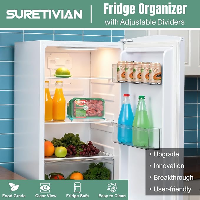 Freezer Organizer,12" Visible Fridge Organizer Rack with Removable Dividers | Freely Adjustable,Easy to Pull Out and Carry Handle, Fits Refrigerator Frozen Meals, Lunch Meat Box, Cheeses, Mint Green
