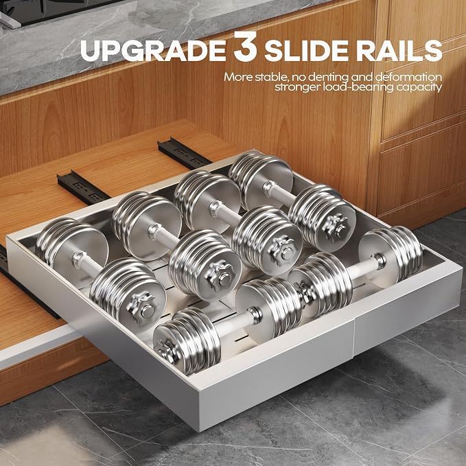 Seinloes 2Pack Expandable Pull Out Cabinet Organizer 21"Deep With Raising Pad for Framed Cabinets, Upgrade 3 Slide Rails Slide Out Drawers,Roll Out Shelves Adhesive,Adjustable Width 12.05"-20.4"Silver