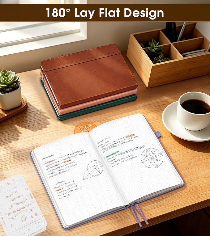 Dotted Journal Notebook, A5 Leather Hardcover, 160 Pages, 180° Lay-Flat Binding, 100 GSM Thick Paper, Dot Grid for Bullet Journaling, Planning & Daily Organization (Purple)