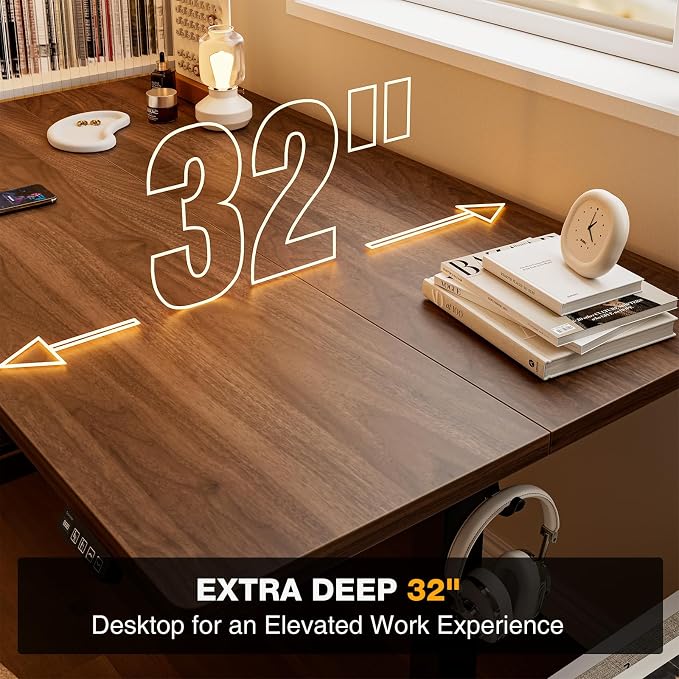 Grandder 55x32 Large Electric Standing Desk, Height Adjustable Computer Desk with 2 Memory Presets, 31.5" Deep Desktop Sit Stand Desk Home Office Desk Workstation Table with Hooks, Walnut