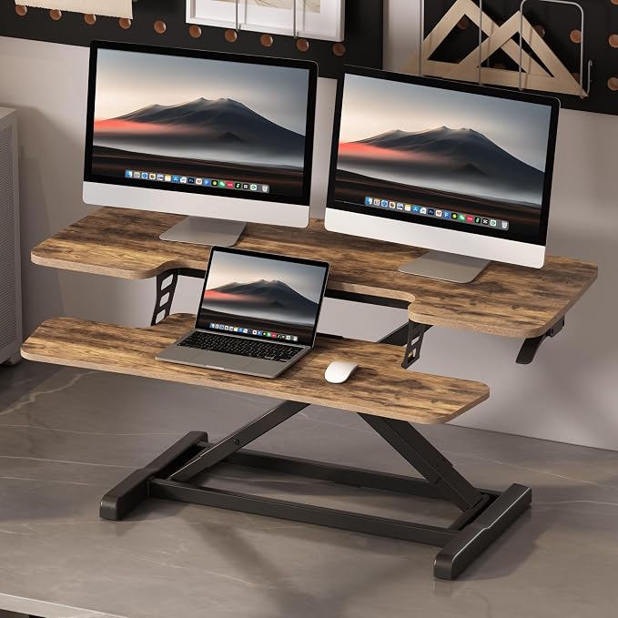 FLEXISPOT Standing Desk Converter 40" Wide Desk Riser for Multi-Device, Large Desktop Sit Stand Workstation for Dual Monitors, Ergonomic Height Adjustable Stand Up Desk Riser, Rustic Brown