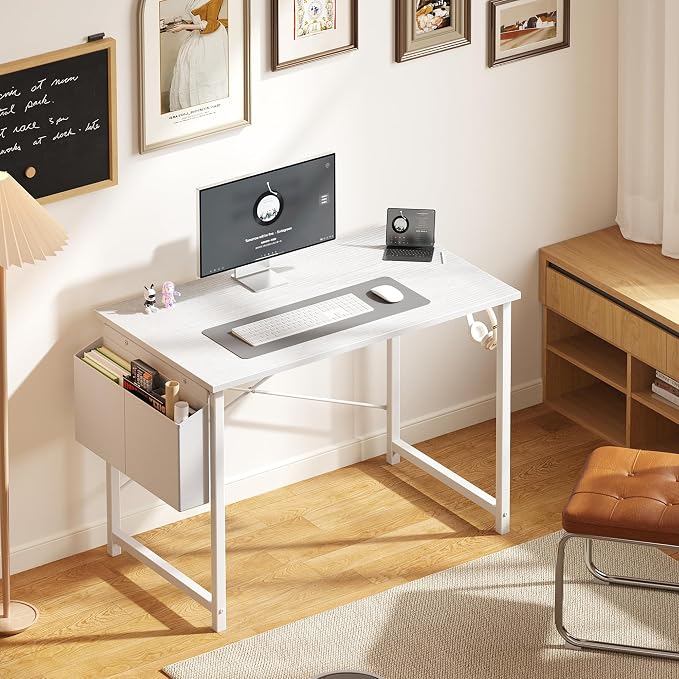 OLIXIS Small Computer Desk, 40 Inch Home Office Desks, Writing Study Craft Work Gaming Table, Computer Workstation for Bedroom Small Spaces with Storage Bag and Headphone Hook, White