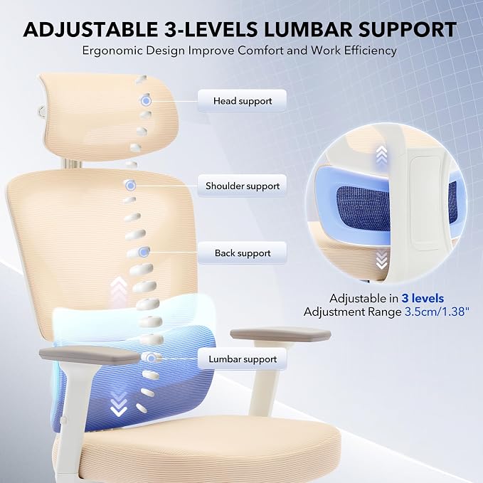 Office Chair Ergonomic Desk Chair - Home Mesh Office Desk Chair with Adjustable Lumbar Support, High-Back Computer Gaming Chair with Headrest 3D Armrests, Rolling Swivel Task Chairs for Home, Office