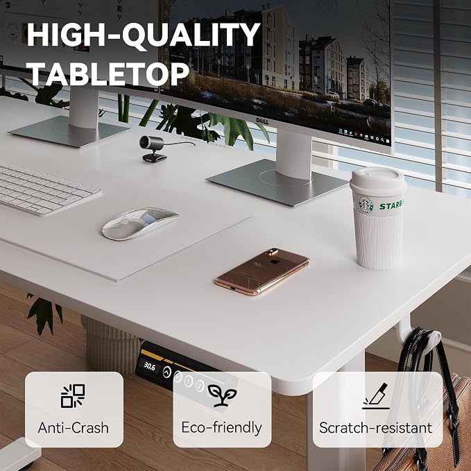 Large Electric Standing Desk,55x24 Inches Adjustable Height Stand up Desk, Sit Stand Home Office Desk, 3 Preset Heights,Equipped with Hooks,Ergonomic Computer Desk Workstation，White