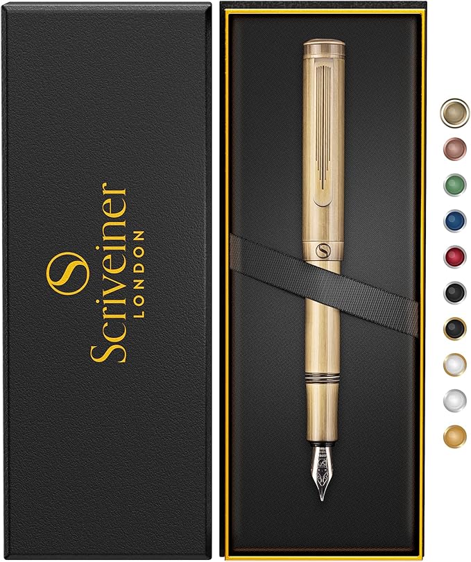 Scriveiner Luxury EDC Fountain Pen (Fine), Bronze Pocket EDC with Hand Brushed Finish, Schmidt German Nib Converter, Best Writing Gift Set for Men & Women, Fancy Pen for the Office & Journaling