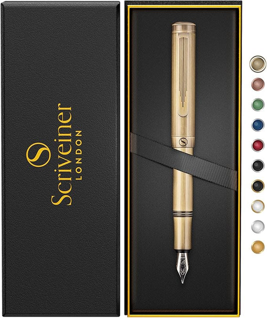 Scriveiner Luxury EDC Fountain Pen (Fine), Bronze Pocket EDC with Hand Brushed Finish, Schmidt German Nib Converter, Best Writing Gift Set for Men & Women, Fancy Pen for the Office & Journaling