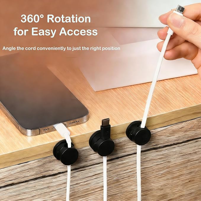 6PC 360° Rotatable Spring Cable Management, Cord Organizer Holder for Desk, Strong Adhesive Cable Clips Desk Accessories, Adjustable Wire Keeper for Nightstand, Home, Office, RV (Black)