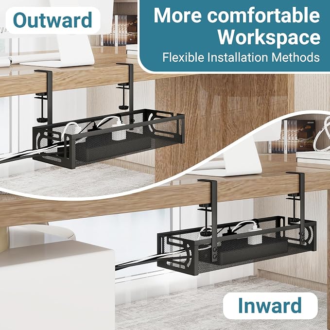 No Drill Under Desk Cable Management Tray, SONATURE 15.7" Cord Organizer for Table, Clamp Mount Desk Cable Management, Premium Carbon Steel Cable Organizer for Office, Home (Black)