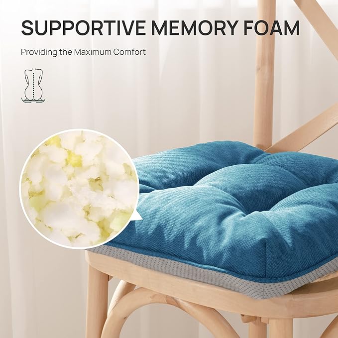 Love's cabin Memory Foam Chair Cushions Set of 4, 15.5"x15.5"x3.5" Indoor & Outdoor Seat Pads for Dining, Kitchen, Office, Patio Chairs - Blue