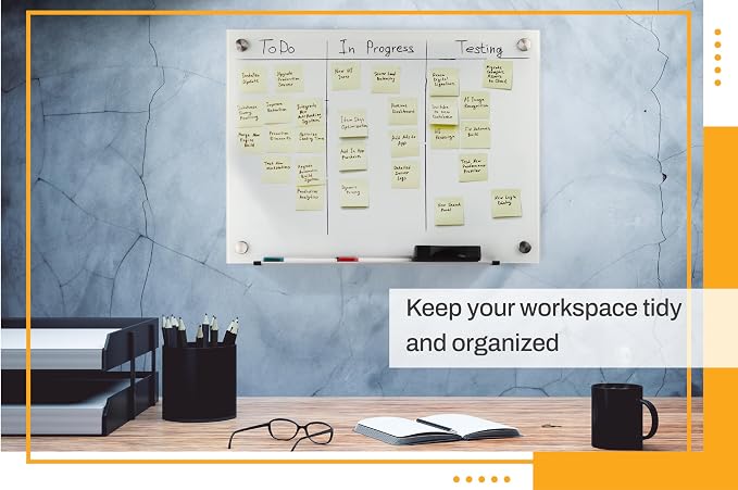 Real Glass Dry Erase Board, 18" x 24", Tempered Glass Surface, Frameless Wall Mount, with 4 Assorted Color Markers and Eraser, by Better Office Products (Bright White)