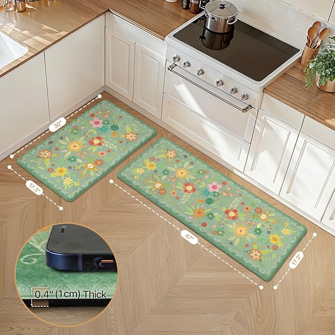 GENIMO Anti Fatigue Kitchen Mats for Floor 2PCS, Cushioned Standing Mats | 17.3"x47"&17.3"x30", Sage Green vintage floral rug set, waterproof, non slip, easy-clean for farmhouse