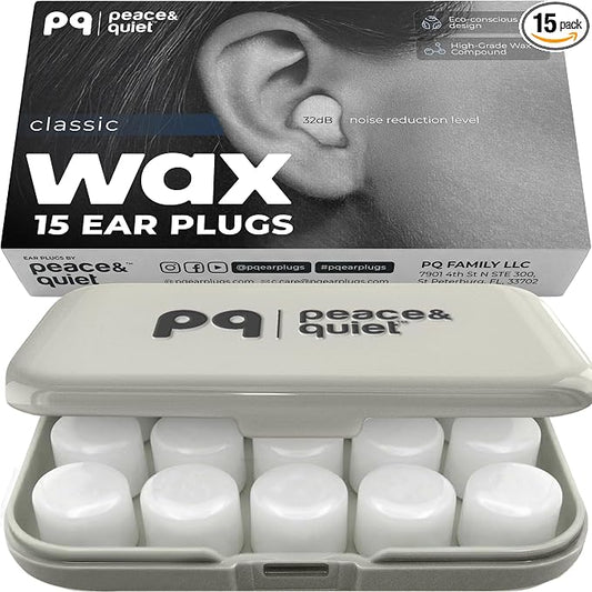 Peace&Quiet PQ Wax Ear Plugs for Sleeping, Swimming - 15 Soft Noise Cancelling Silicone Gel Wax Earplugs for Sleep and Swimmers, Ear Protection with Sound Blocking Level of 32 Db, (15-Pillows)