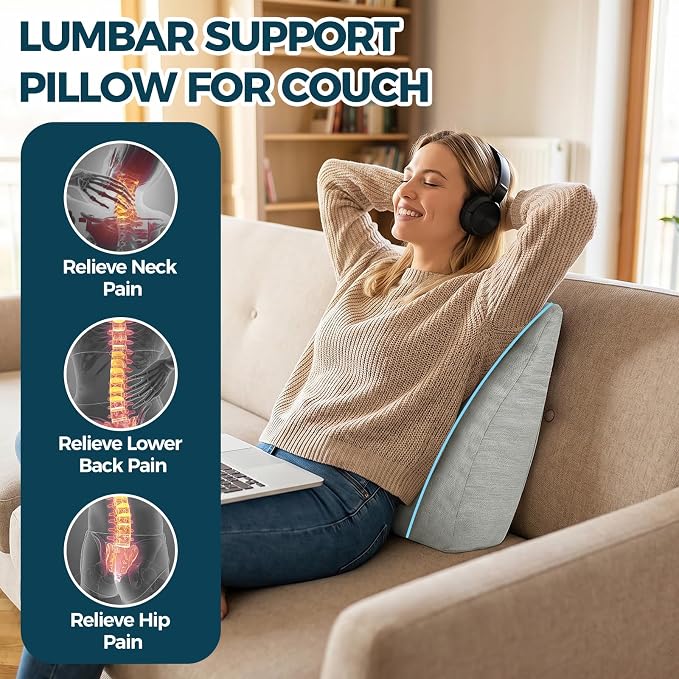 Back Support Pillow for Recliner Soft Dual Layer Lumbar Support Pillow with Shredded Memory Foam Ergonomic Orthopedic Couch Lumbar Cushions for Elderly Lower Back Pain Relief Light Grey