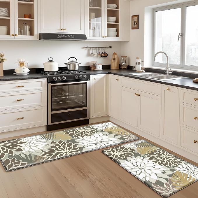 Kitchen Mats for Floor 2PCS Cushioned Anti Fatigue Kitchen Mats Waterproof Non Slip Kitchen Mat Rug Set Comfort Foam Standing Mat for Sink, Laundry, Office,17.3" x 28" + 17.3" x 47", Brown White