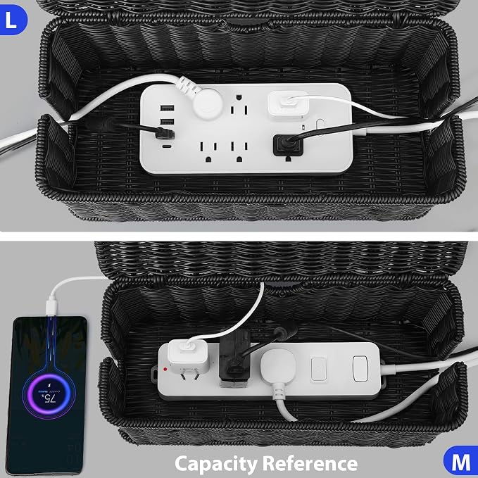 ZhiYo Rattan Cable Management Box, Black Cord Organizer, 12.5" x 5" x 5.2" | Handwoven black imitation rattan cord hider box conceals power strips and cables for a clean desk or floor setup