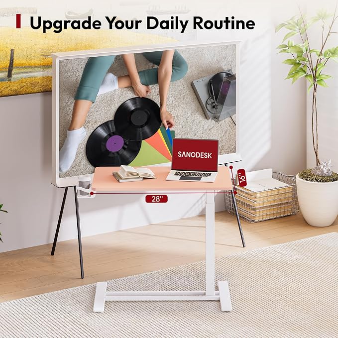SANODESK 28''Mobile Standing Desk with Hidden Wheels,Pneumatic Laptop Desk | Sofa Computer Cart Movable Height Adjustable Table Small Sit Stand Desk for Home Office Hospital Use,27.6" W x 15.7" D,Pink