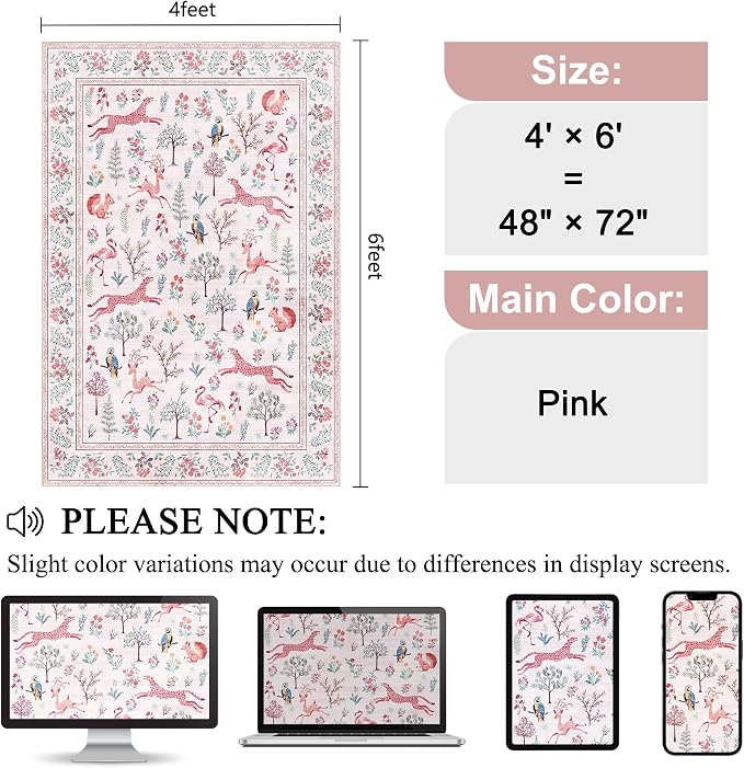 DUKINO 4x6 Rug, Washable Animal Area Rug with Non Slip Vintage Design, Indoor Soft Low Pile Carpet for Bedroom, Nursery, Dining Room, Farmhouse, Playroom, Pink