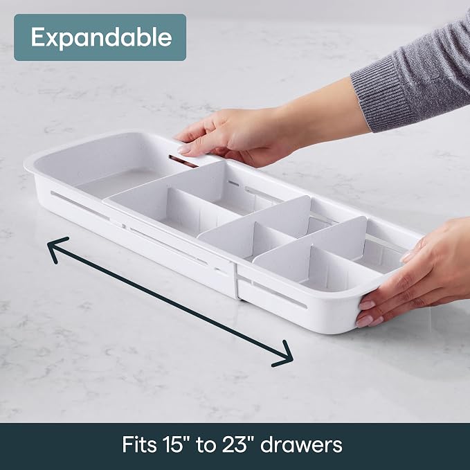 YouCopia DrawerFit Sliding Drawer Tray with Adjustable Dividers, Expandable Kitchen Storage Organizer, Speckled White