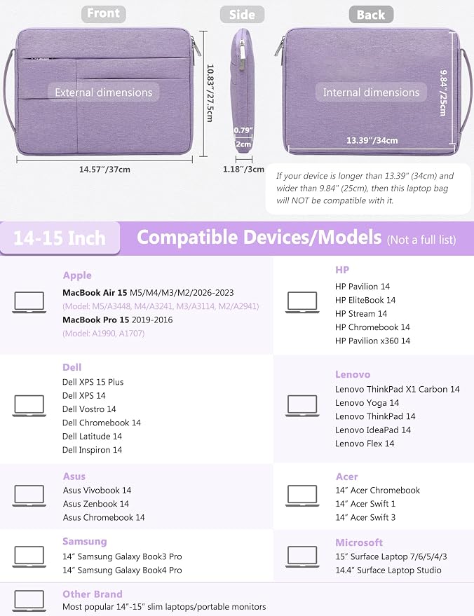 HYZUO 14-15 Inch Laptop Sleeve Bag for MacBook Air 15 M5 A3448 M4 M3 M2 2026-2023, MacBook Pro 15, 15" Surface Laptop, XPS 14/15 Plus, NoteBook Case for 14" HP Dell Lenovo Asus Acer, Lilac Purple